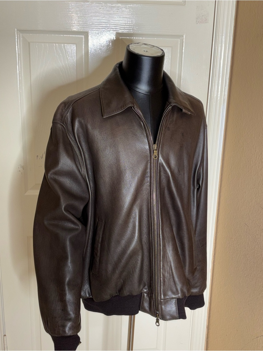 Faconnable  Lambskin Leather Jacket Brown Bomber Jacket Men's XL